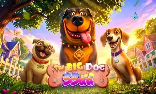 Captura de tela do jogo de slot The Big Dog House da Pragmatic Play, mostrando os rolos com símbolos de cachorros e casinhas, e o logotipo do jogo.